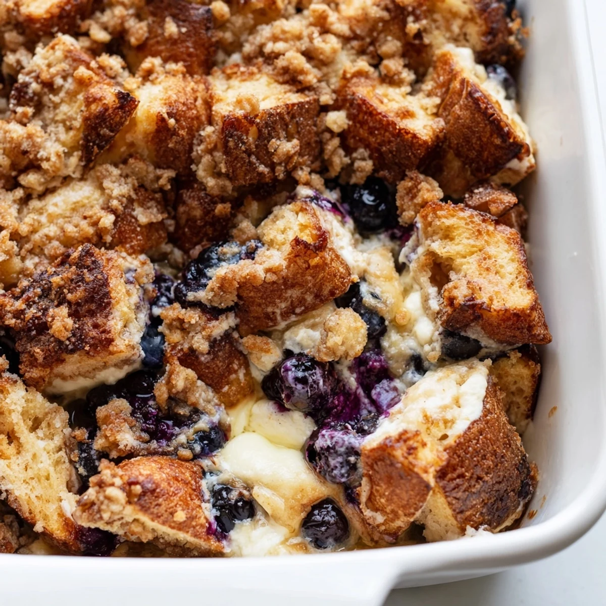 Golden blueberry cream cheese French toast casserole topped with cinnamon streusel and fresh berries