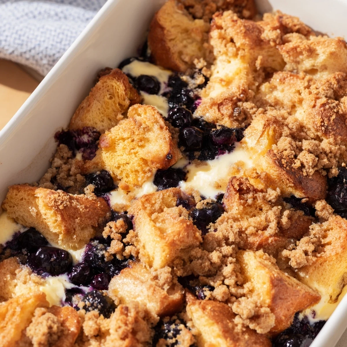 Baked French toast casserole featuring melted cream cheese and juicy blueberries with crumbly topping