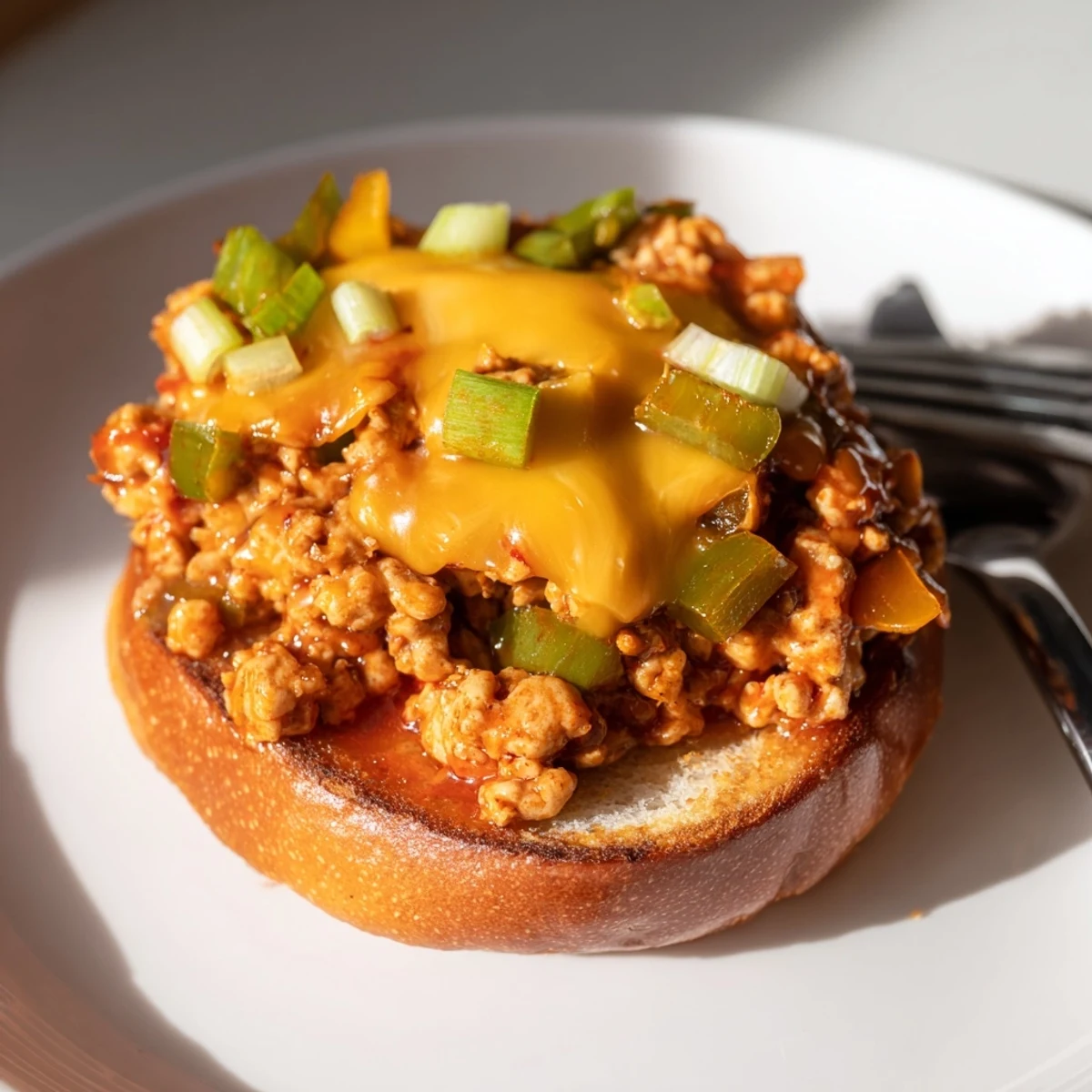 Cajun Chicken Sloppy Joes topped with creamy cheddar sauce on toasted brioche buns