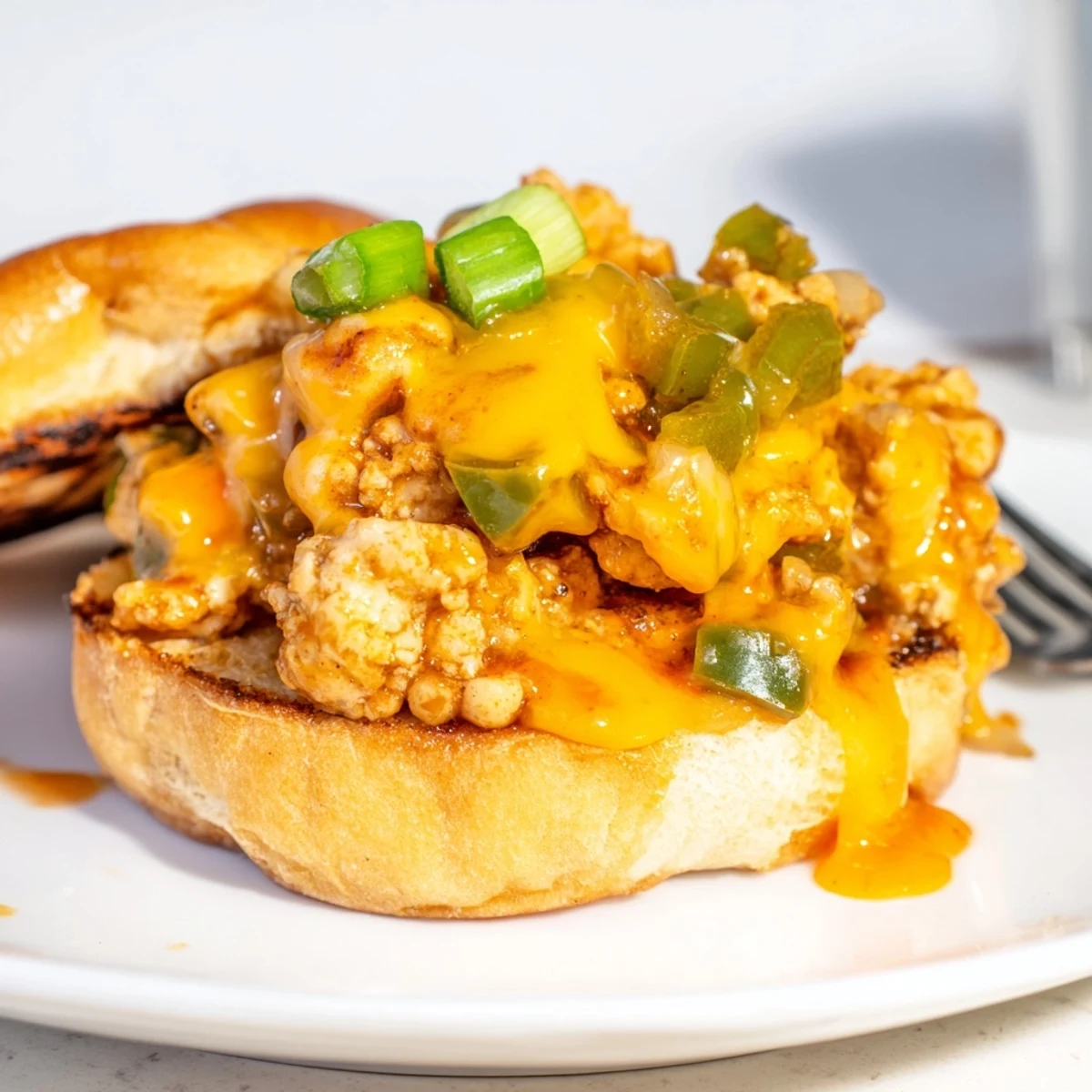 Spicy ground chicken mixture piled onto soft buns and drizzled with rich cheese sauce
