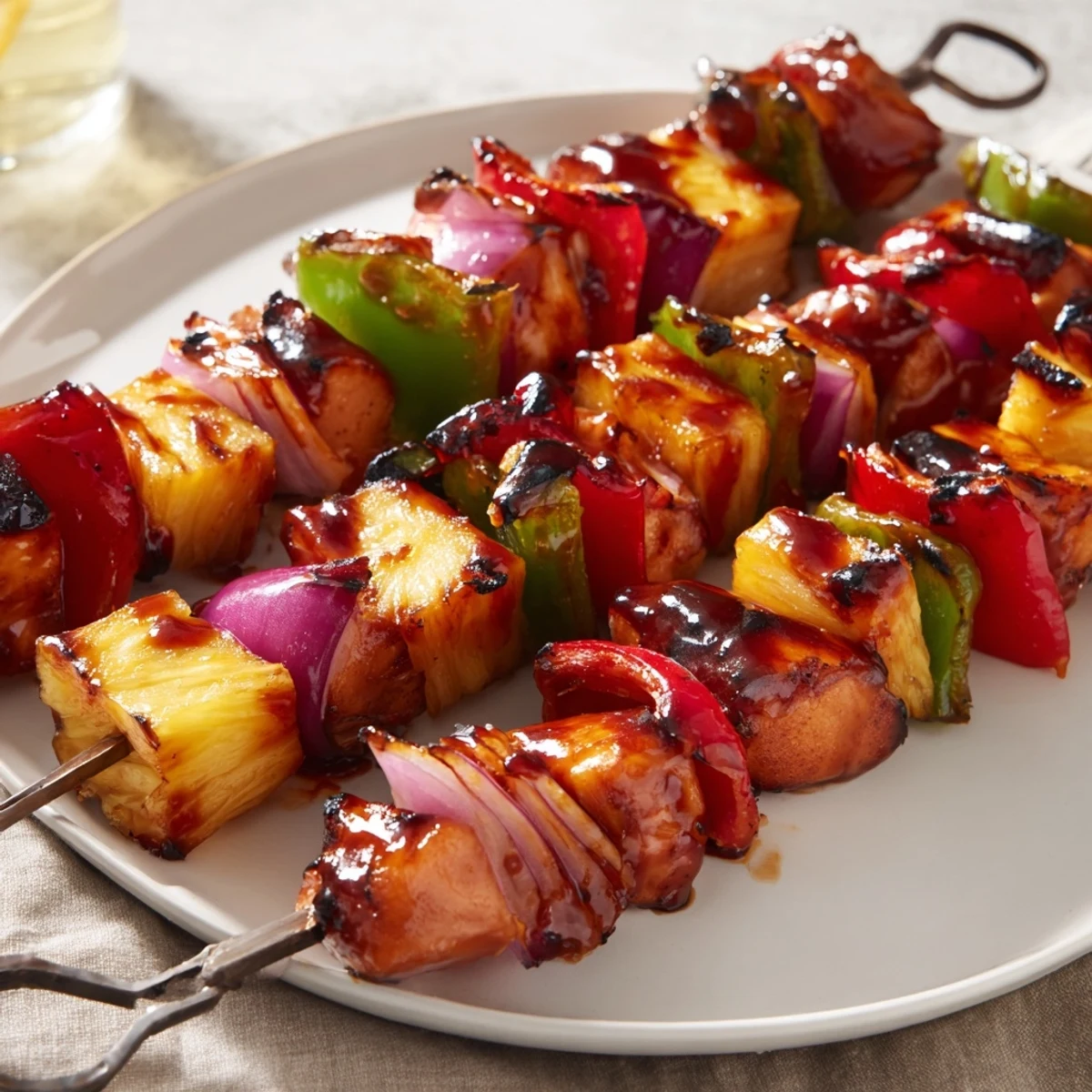 Juicy, smoky Bbq Pineapple Chicken Kabobs glistening on skewers, fresh grilled char.