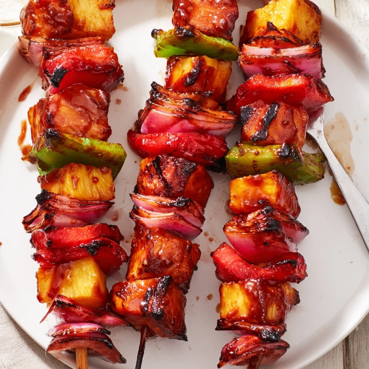 Sweet-tangy Bbq Pineapple Chicken Kabobs brushed with sauce, served over rice.