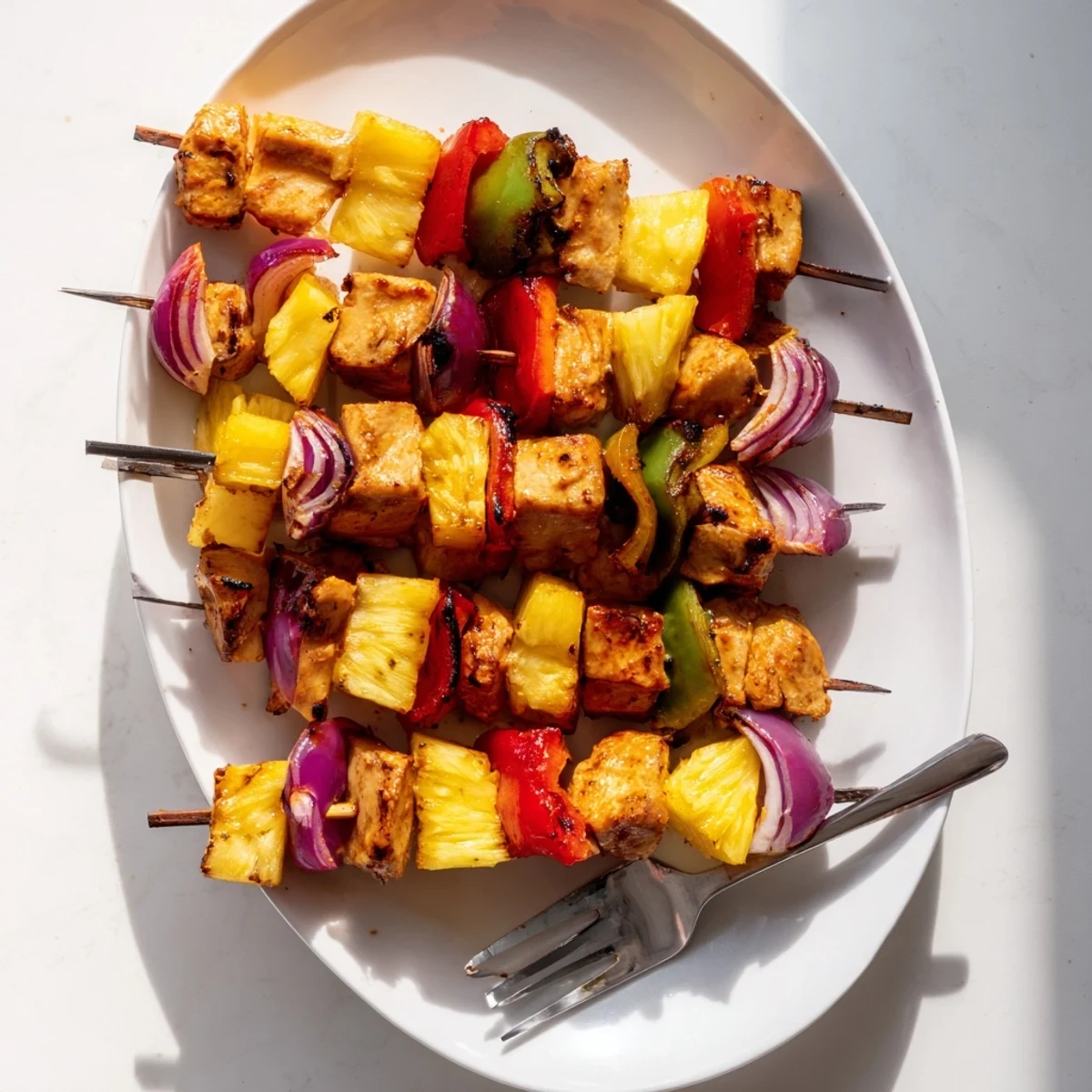 Golden grilled Hawaiian turn turn chicken kebabs with charred pineapple and colorful bell pepper pieces