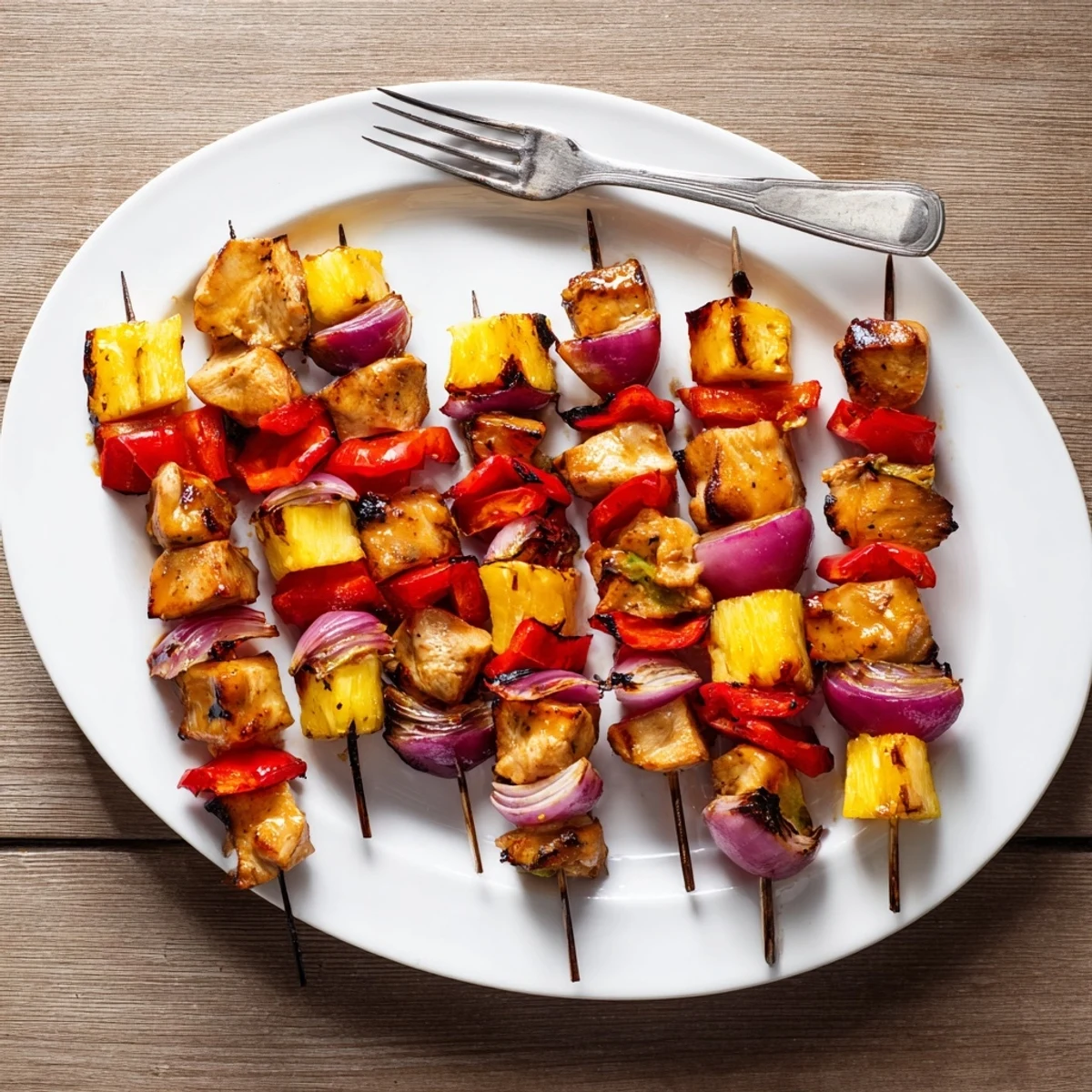 Tender marinated chicken skewered with sweet pineapple chunks and vibrant vegetables on a wooden stick
