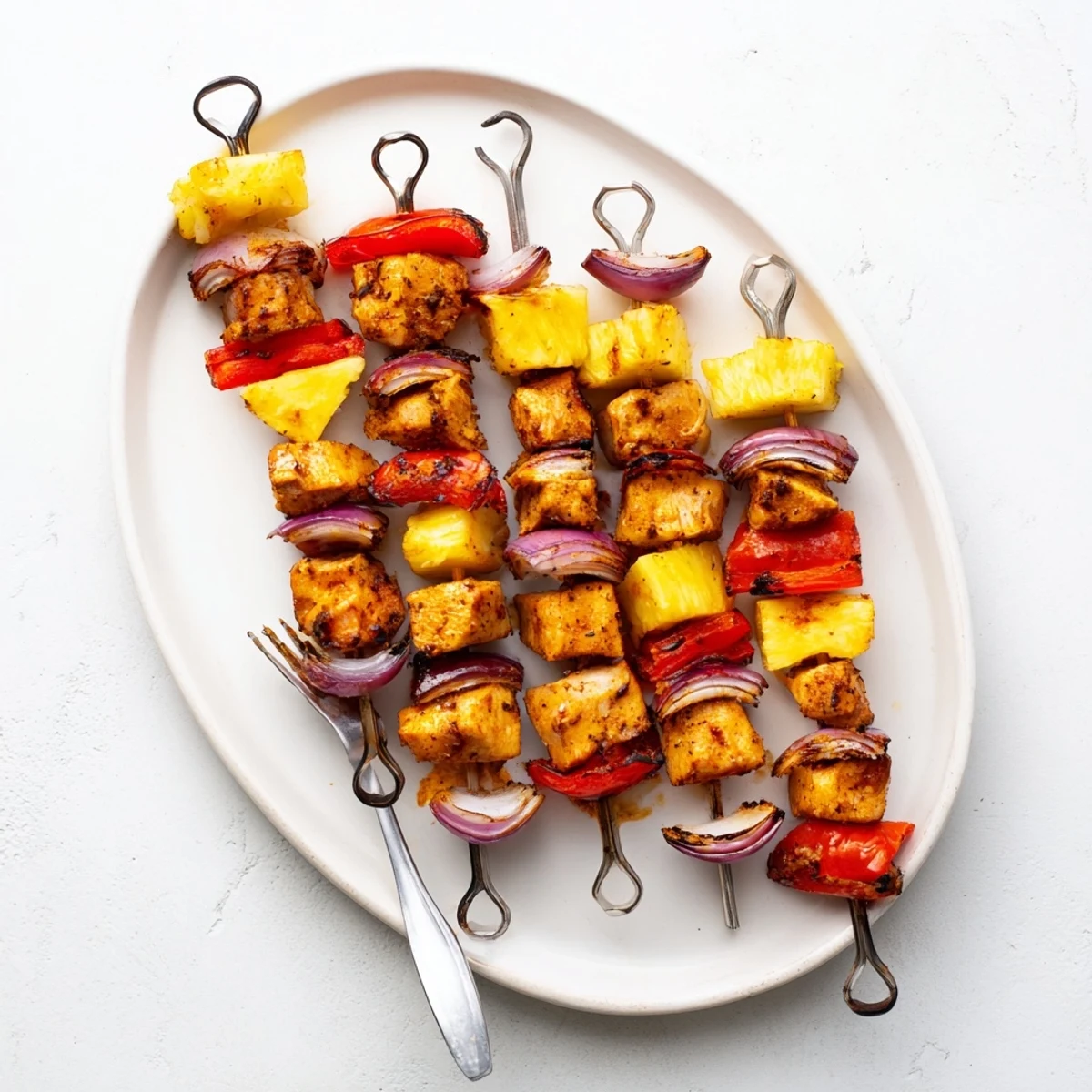 Delicious tropical chicken kebabs featuring glazed meat, red peppers, onions, and grilled pineapple cubes