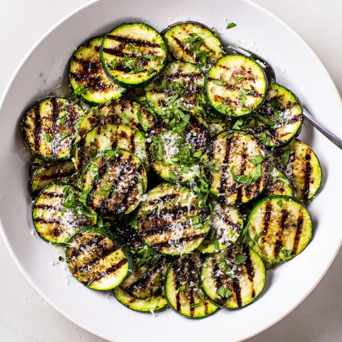 Golden brown grilled zucchini slices topped with melting Parmesan and vibrant green fresh herbs