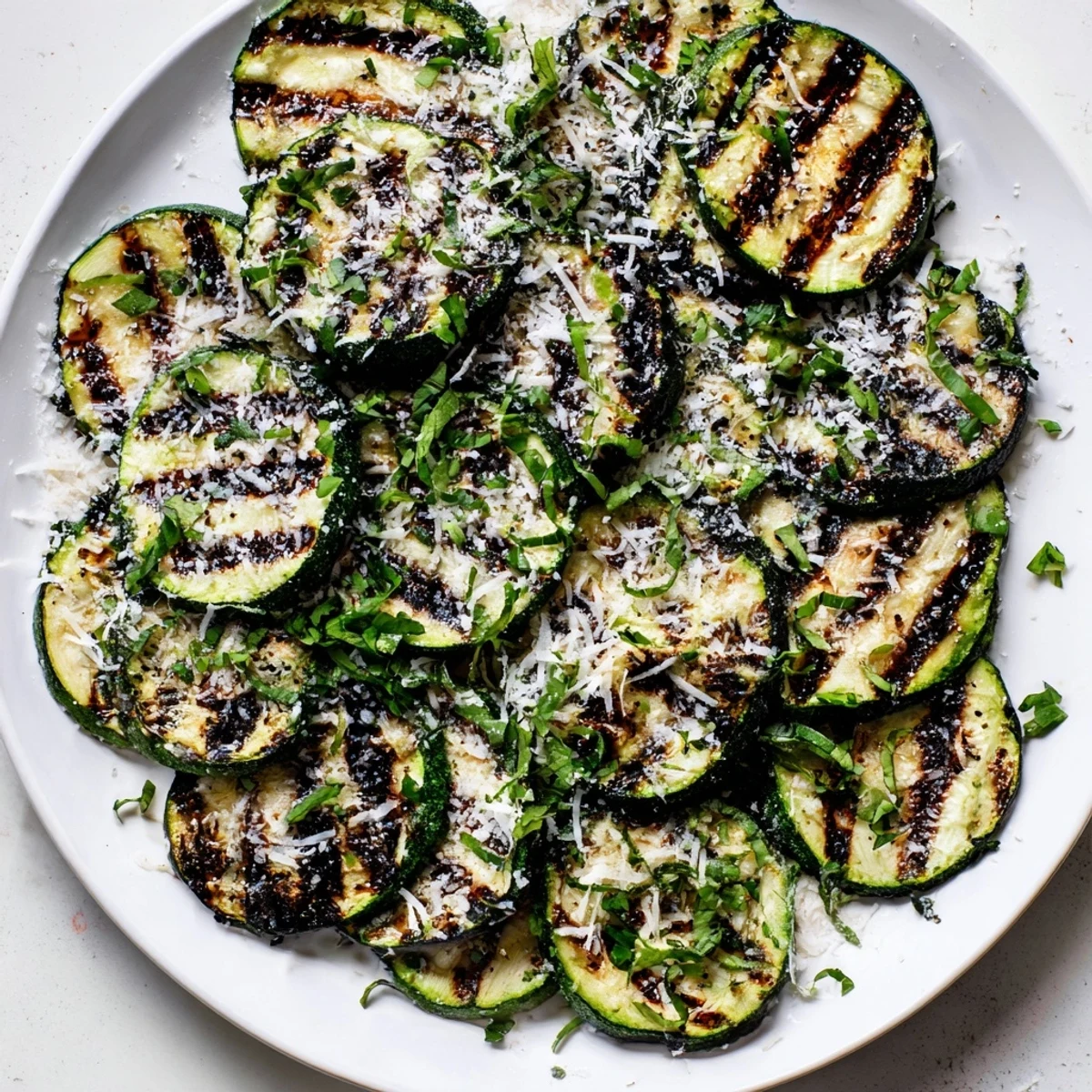 Crispy grilled zucchini platter finished with grated Parmesan cheese and a colorful medley of chopped basil and parsley