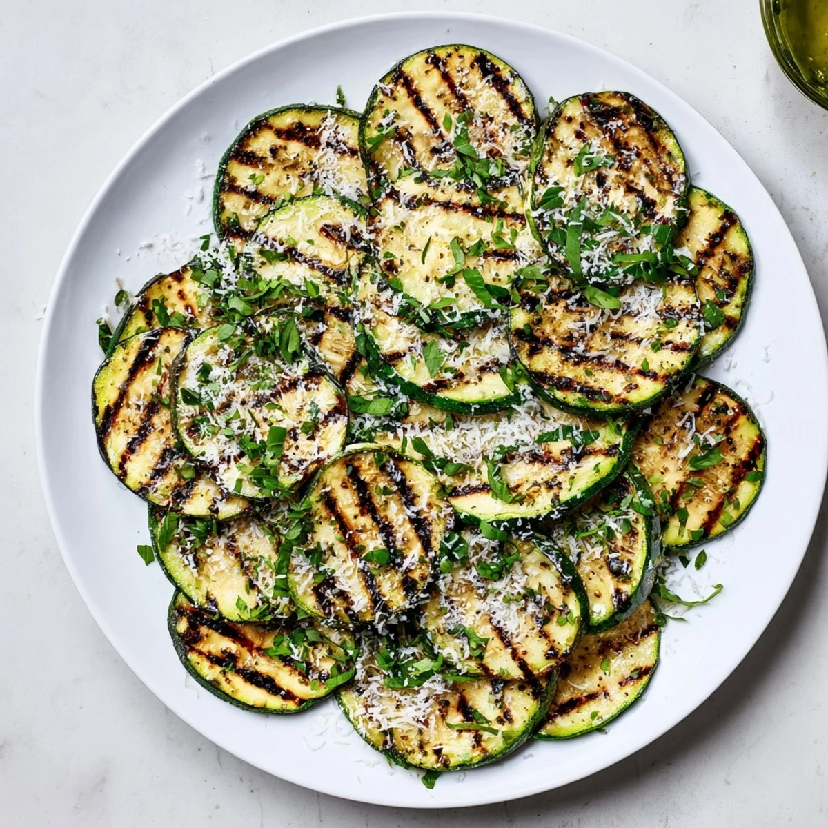 Tender charred zucchini rounds sprinkled with savory Parmesan and fresh herbs for a perfect summer side dish