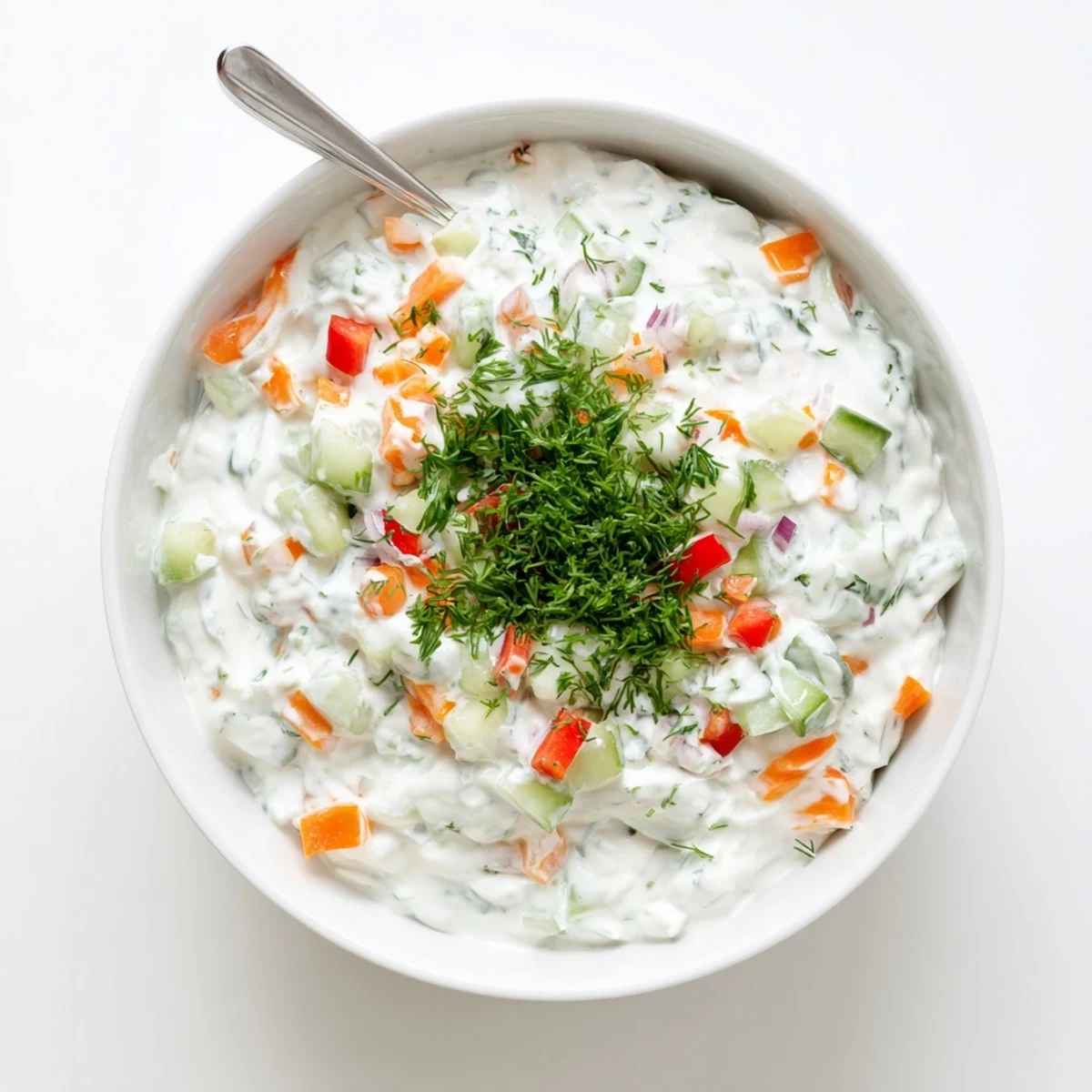 Creamy fresh vegetable spring garden dip served in white bowl with colorful veggie crudités arranged on wooden board