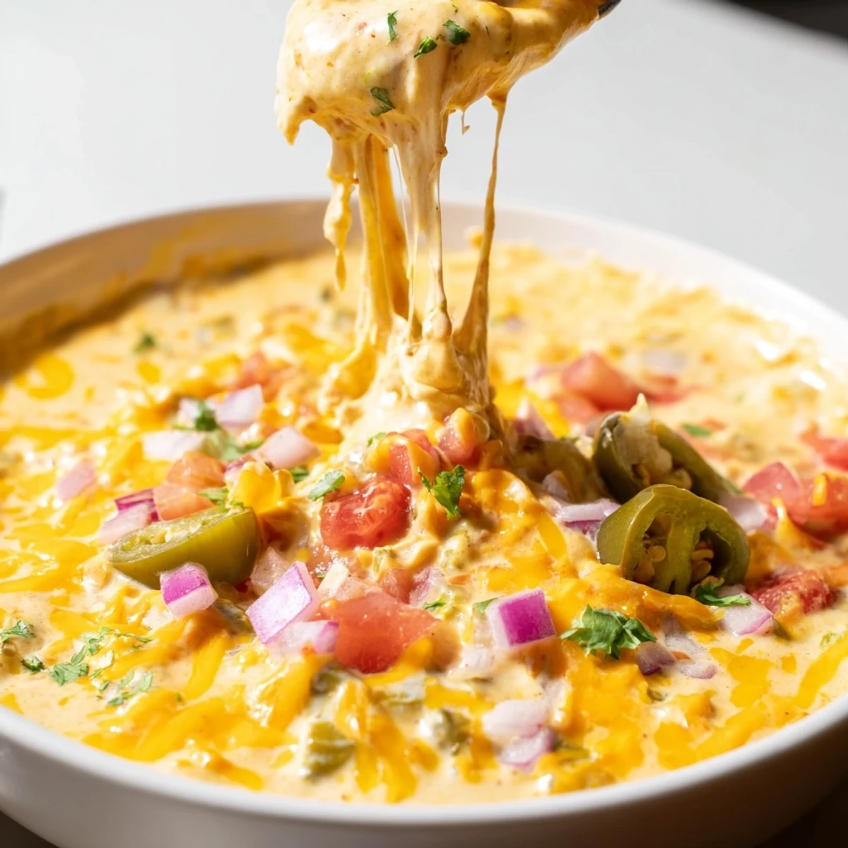 Golden green chile queso dip topped with fresh cilantro served alongside crispy tortilla chips