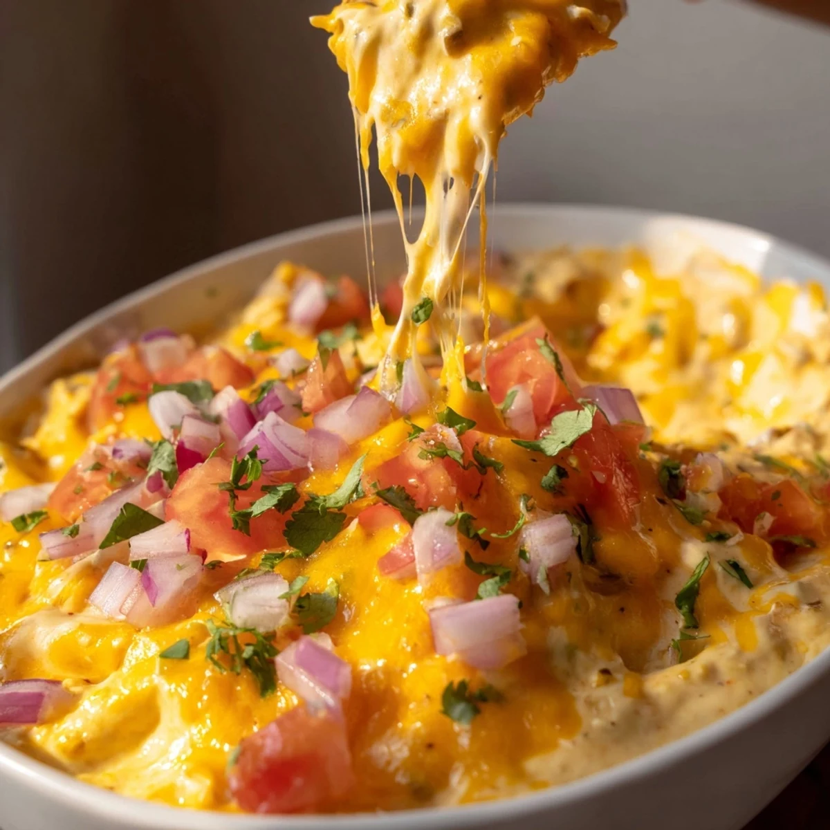 Creamy green chile queso dip bubbling in a white bowl with scattered tortilla chips