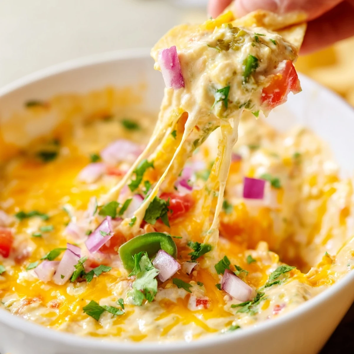 Steamy homemade green chile queso dip with melted cheese and roasted green chiles visible