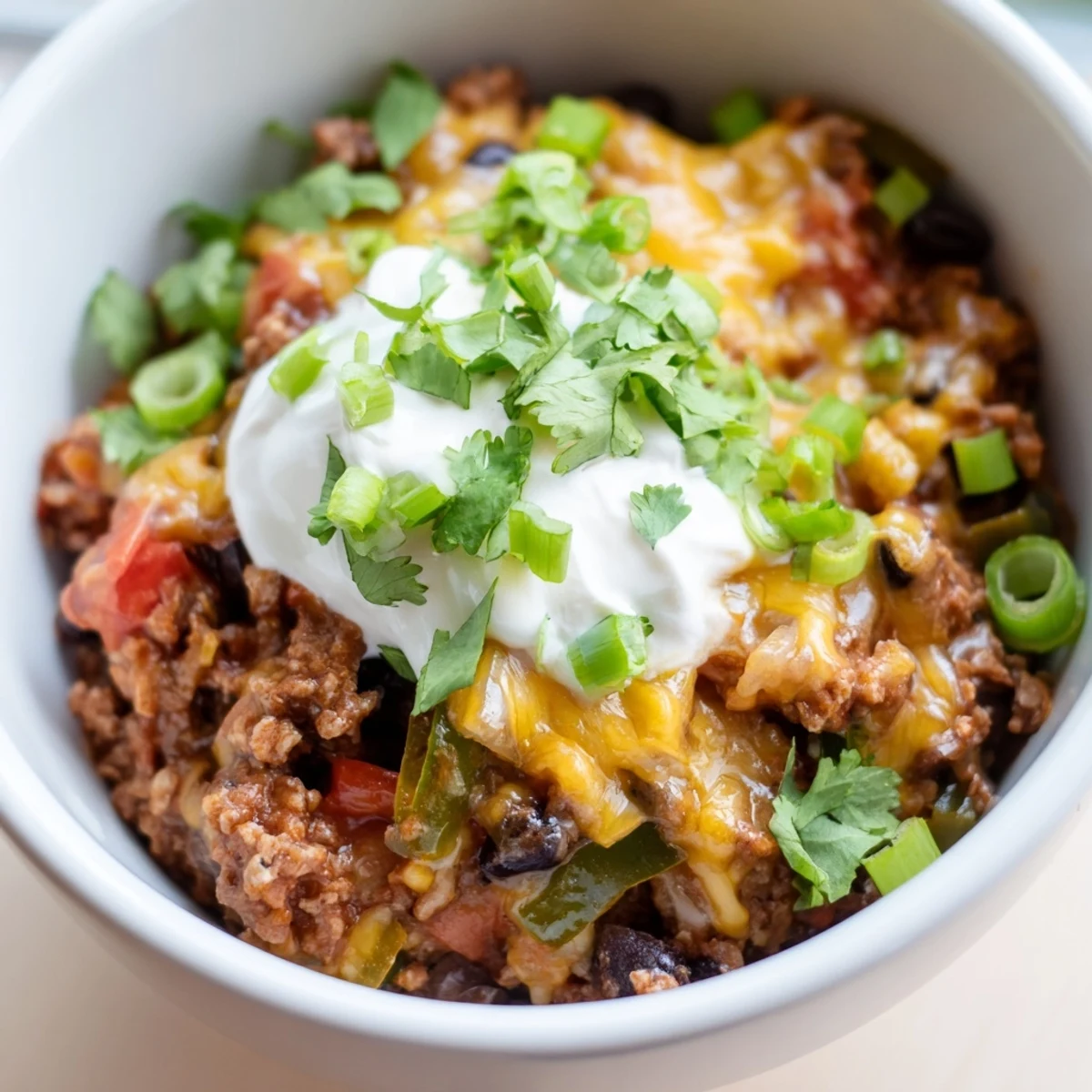 Creamy Super Nachos Dip with melted cheddar and Monterey Jack cheese, ground beef, black beans, and jalapeños served hot with crispy tortilla chips