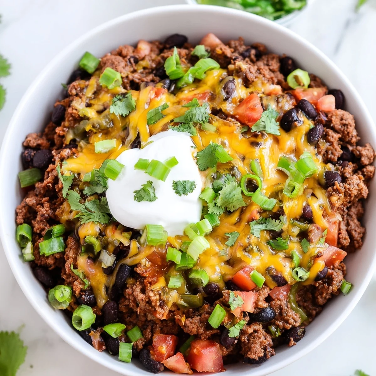 Steamy Tex-Mex Super Nachos Dip featuring seasoned beef, beans, diced tomatoes, and a double cheese blend garnished with fresh green onions and cilantro