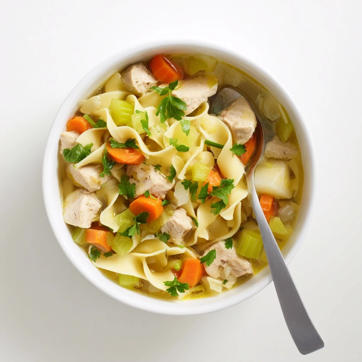 Hearty one pot chicken and noodles dish garnished with fresh parsley in a serving bowl