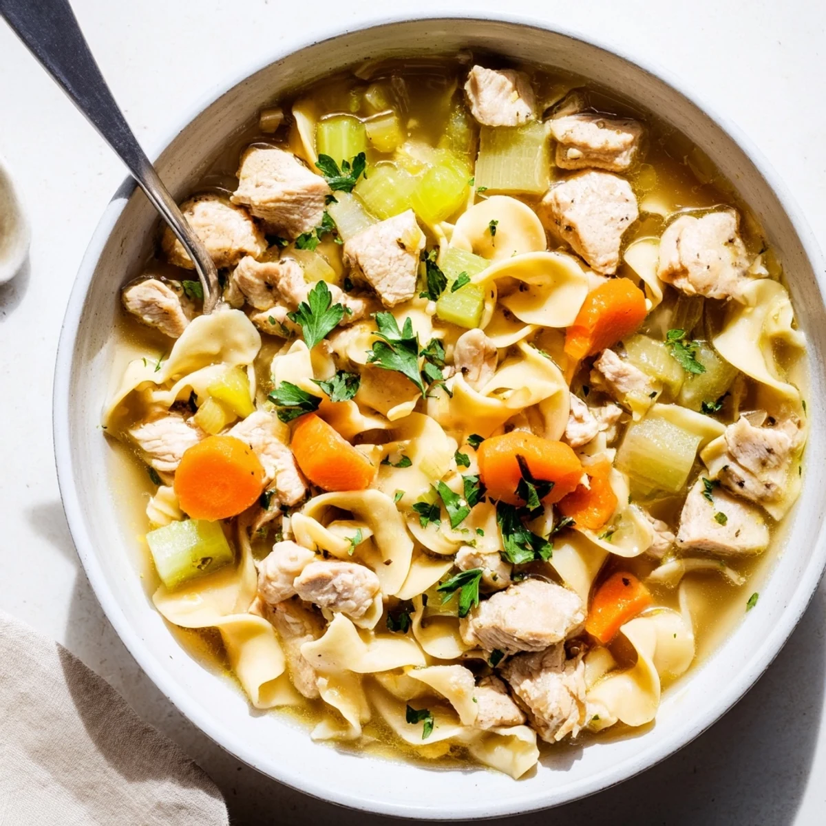 Savory one pot chicken and noodles featuring bite-sized chicken pieces and perfectly cooked egg noodles