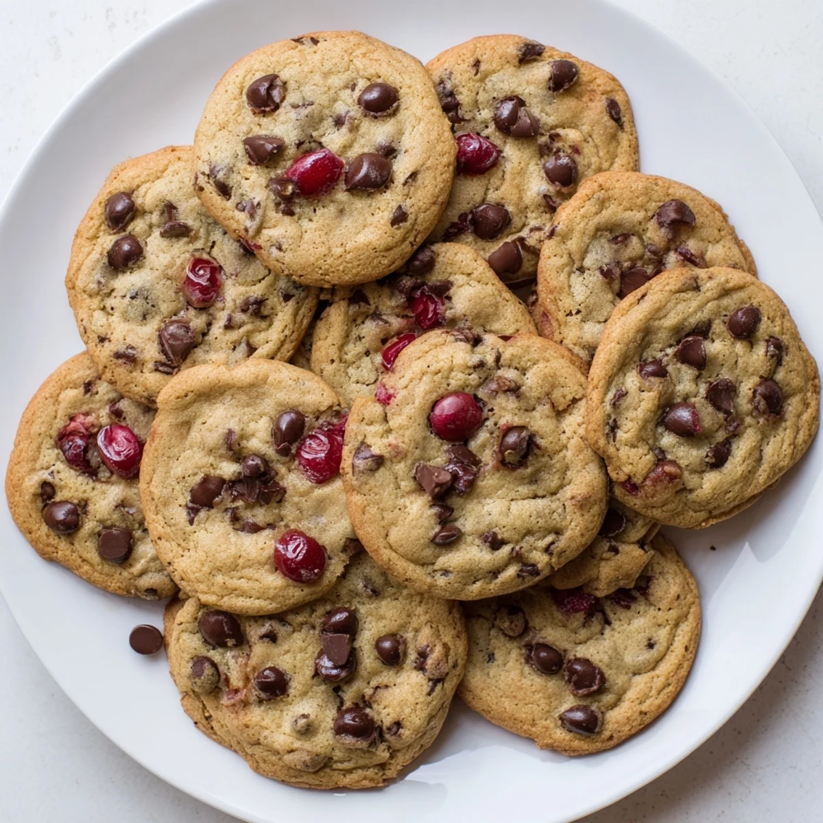 Soft baked maraschino cherry chocolate chip cookies with bright red cherry pieces and melted chocolate chips