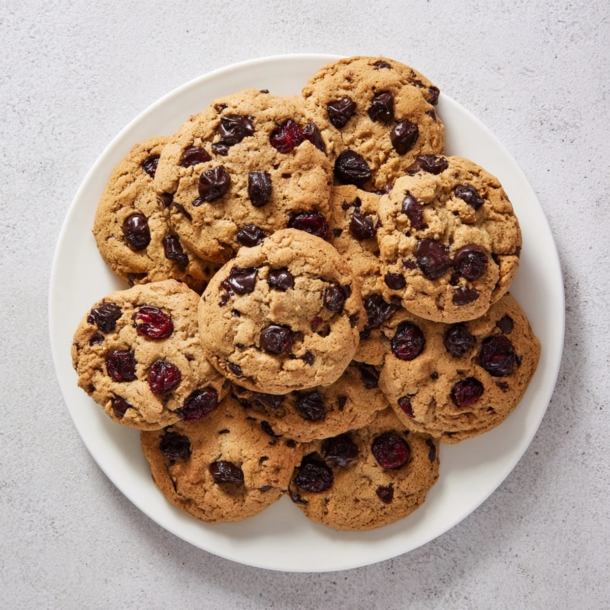 Close-up of soft maraschino cherry chocolate chip cookies showing chunks of glazed red cherries and dark chocolate