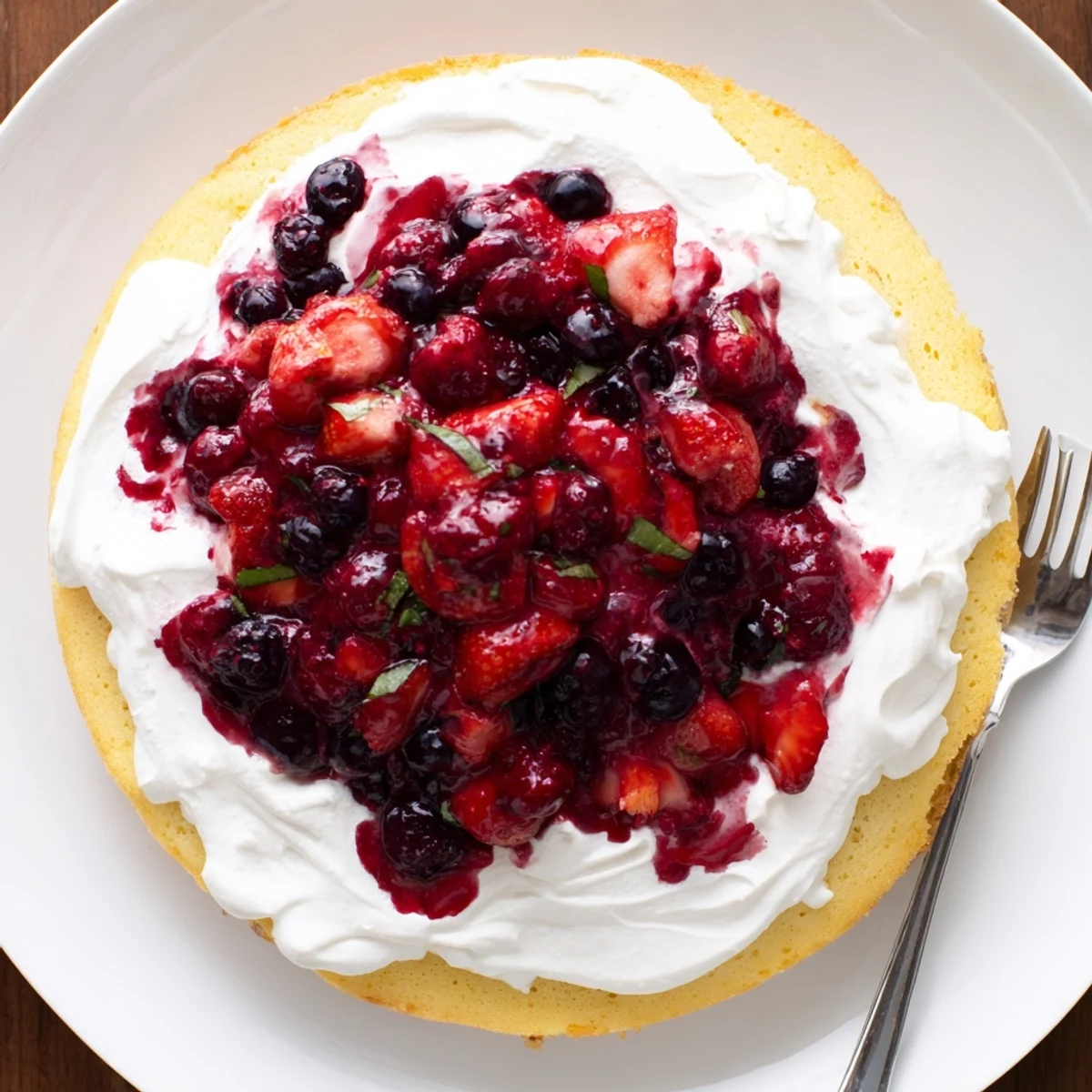 Golden basil berry cake topped with vibrant berry compote and basil whipped cream