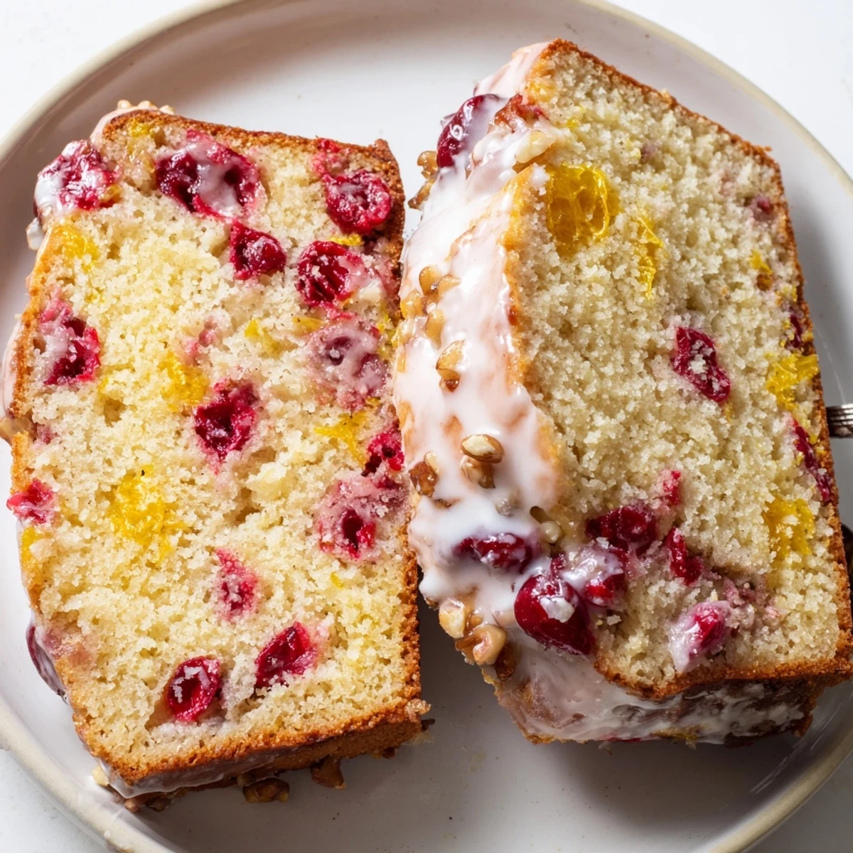Warm Cranberry Orange Bread slices on wire rack, butter melting slowly