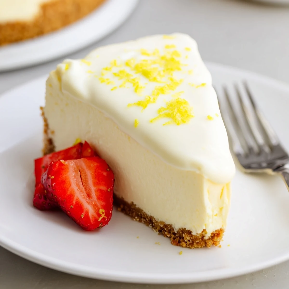 Classic Cheesecake with buttery graham crust, creamy center, served with fresh berries.