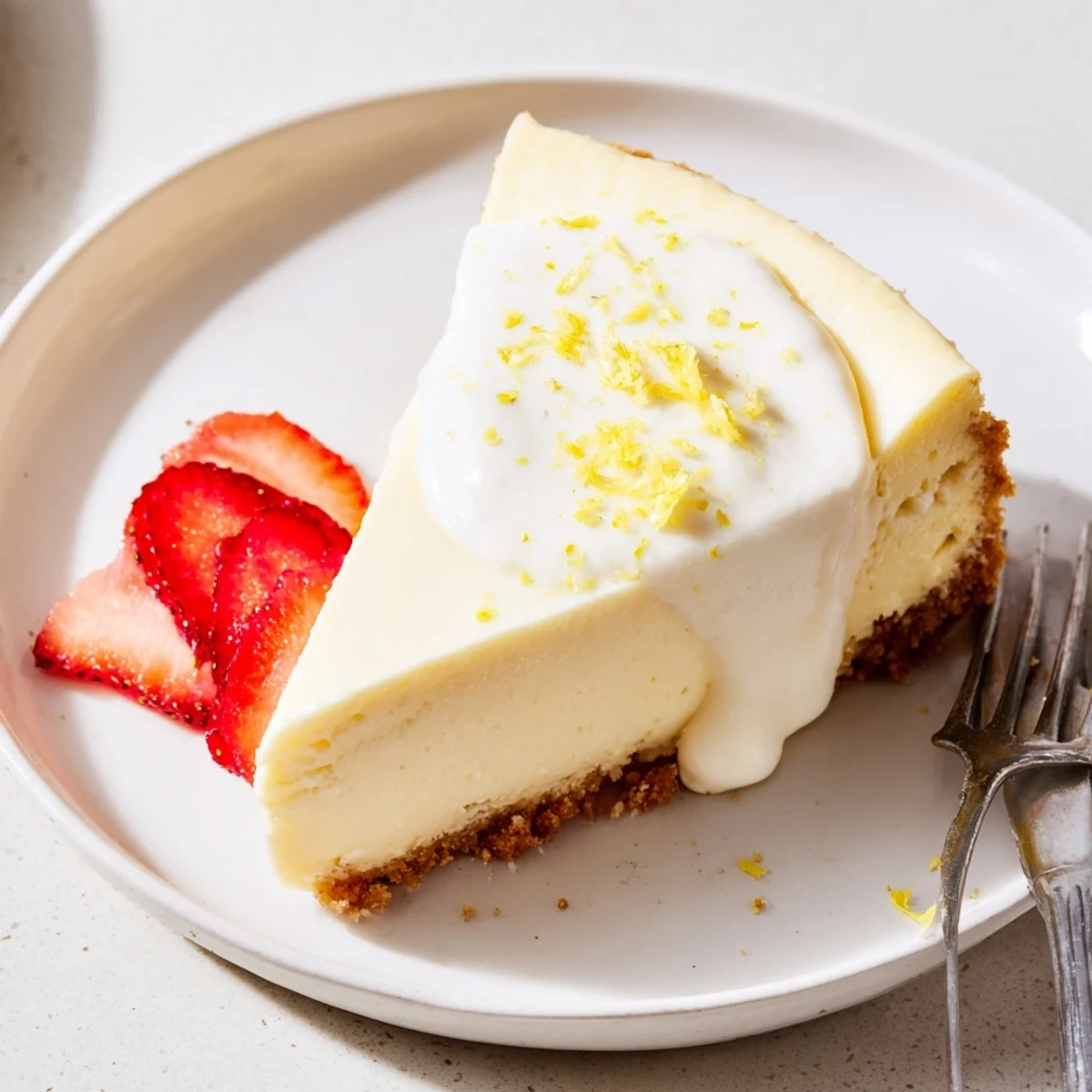 Sliced on a vintage plate, Classic Cheesecake reveals tangy lemon notes.