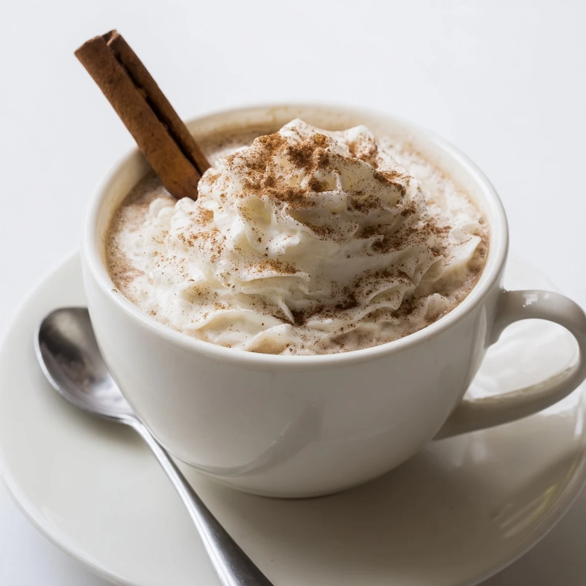 Steamy Cozy Winter Lattes topped with whipped cream and a cinnamon stick
