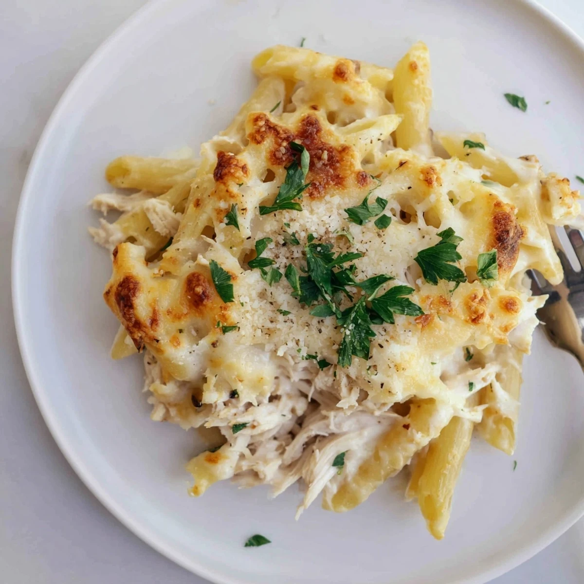 Creamy Chicken Alfredo Bake With Mozzarella Crust bubbling golden, steaming, ready to serve