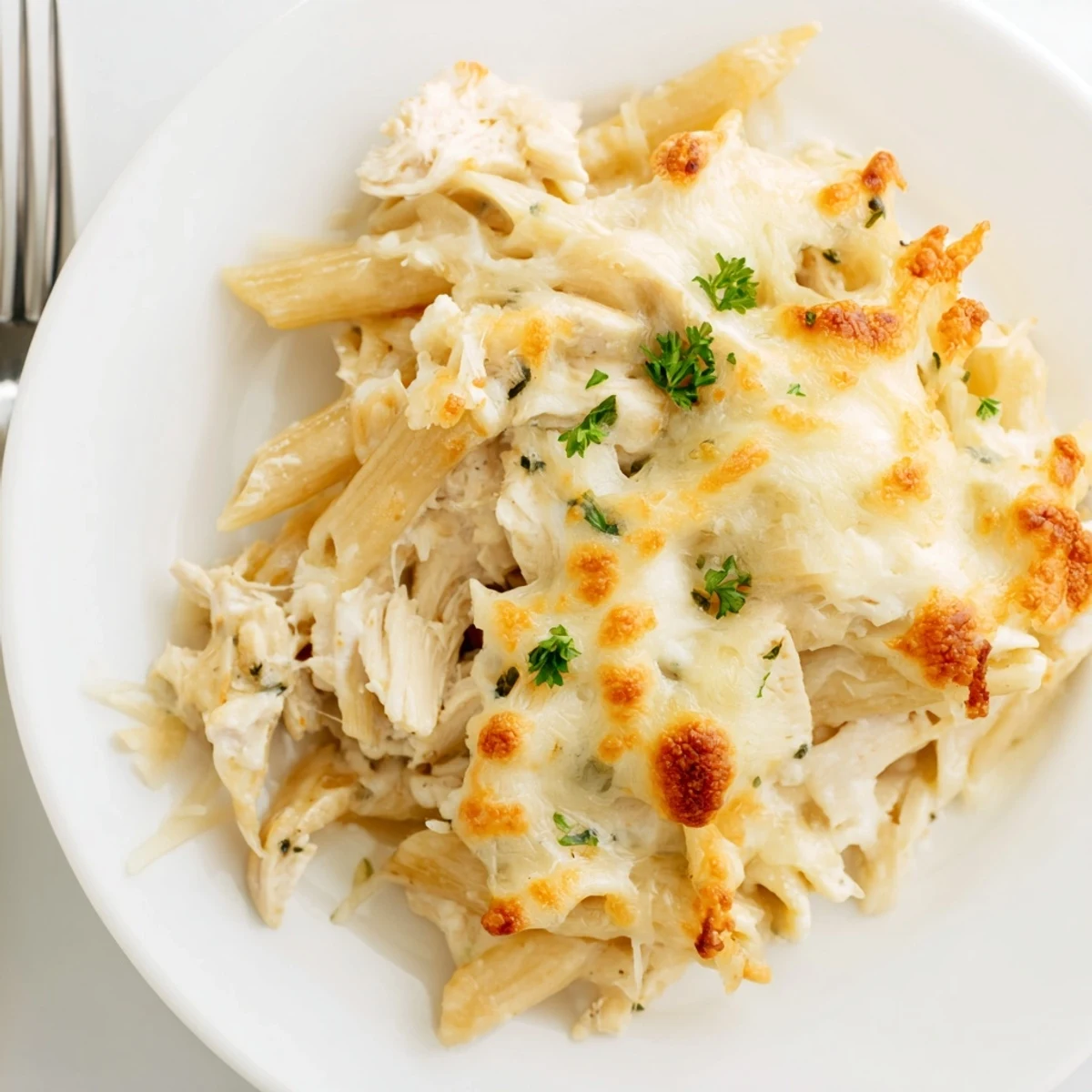 Slice of Creamy Chicken Alfredo Bake With Mozzarella Crust oozing cheesy sauce