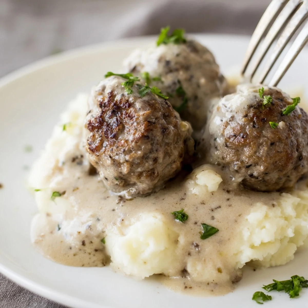 Crockpot Meatballs Gravy over creamy mashed potatoes, steam rising, fork-ready.