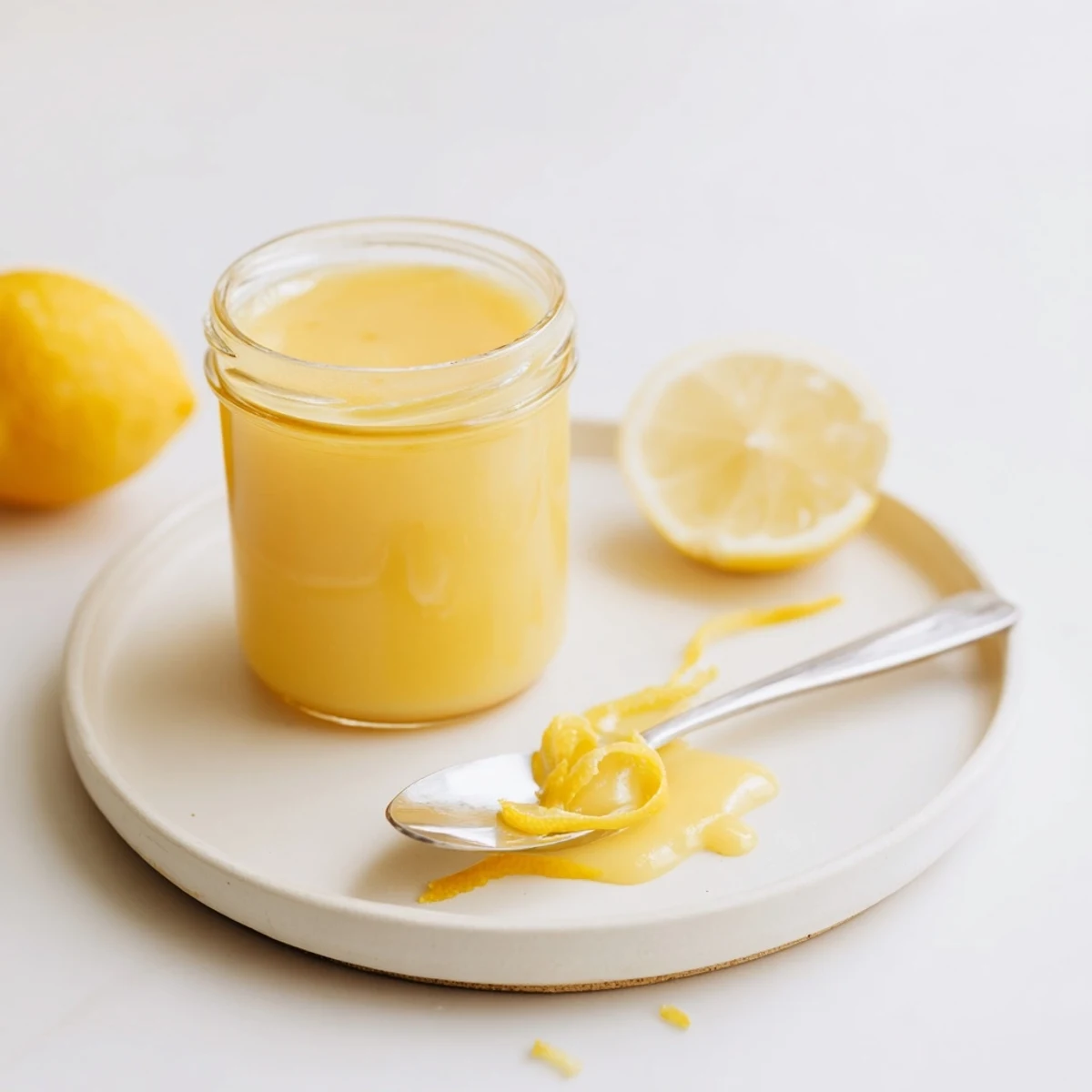 Spoonful of Homemade Lemon Curd drizzled over buttered toast, bright citrus aroma.