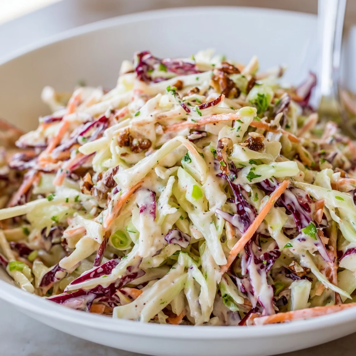 Bright Apple Coleslaw tossed in creamy tangy dressing, pairs with grilled chicken