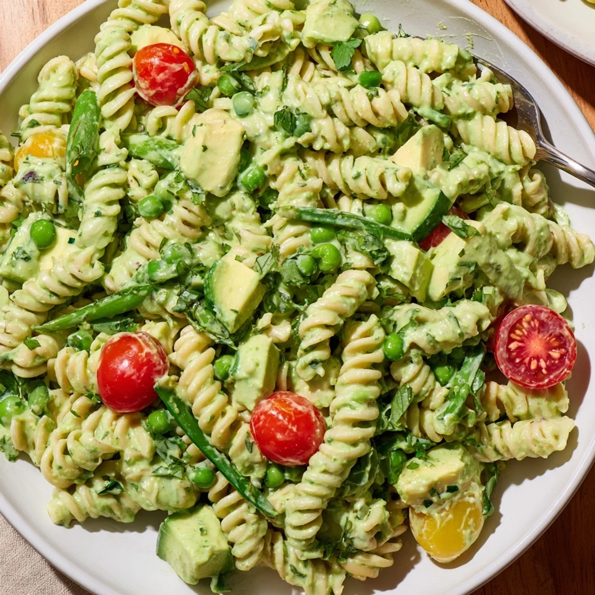 Green Goddess Pasta Salad in wooden bowl, creamy herb dressing, picnic-ready.