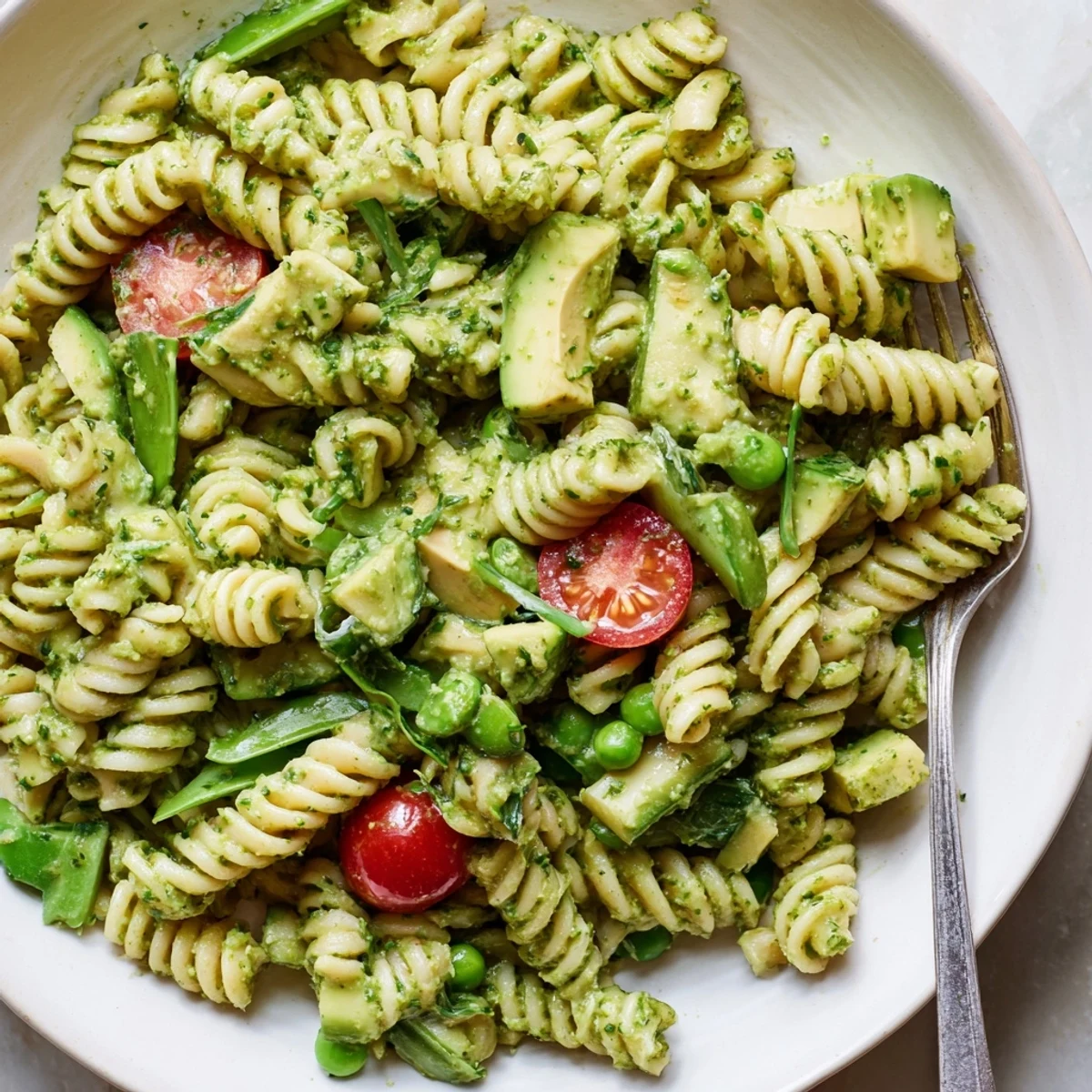 Bright Green Goddess Pasta Salad with crisp cucumbers, cherry tomatoes, lemony aroma.