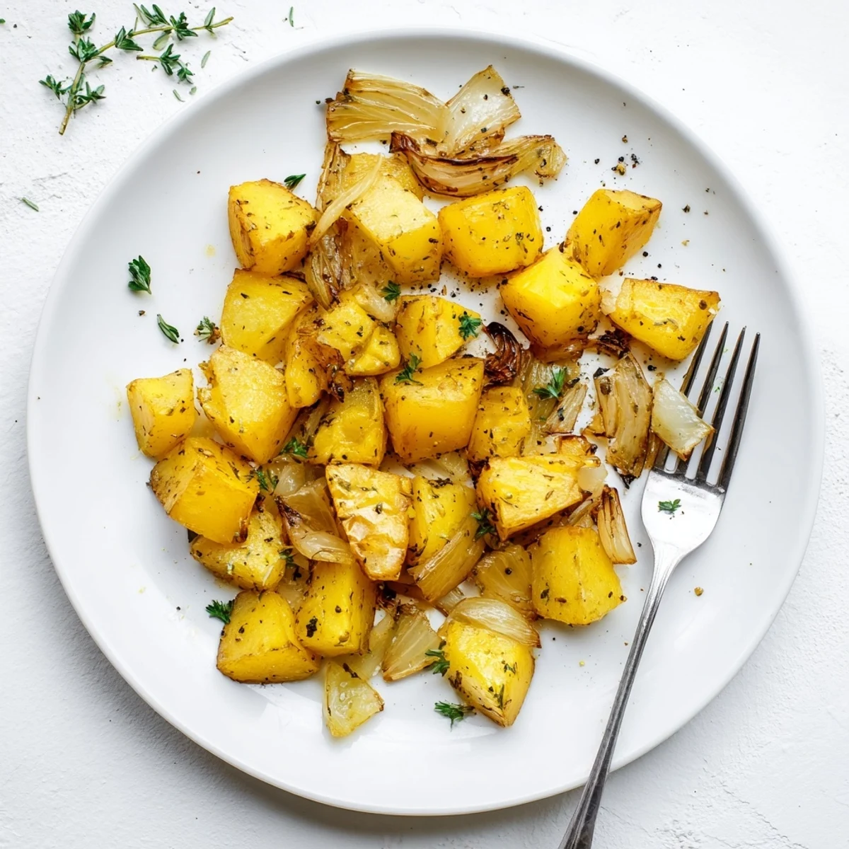 Crispy roasted potatoes and sweet onions arranged in a rustic white serving bowl with olive oil drizzle