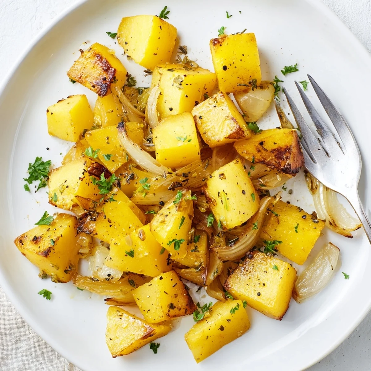 Golden roasted potatoes and caramelized onions scattered on a baking sheet with fresh green parsley garnish