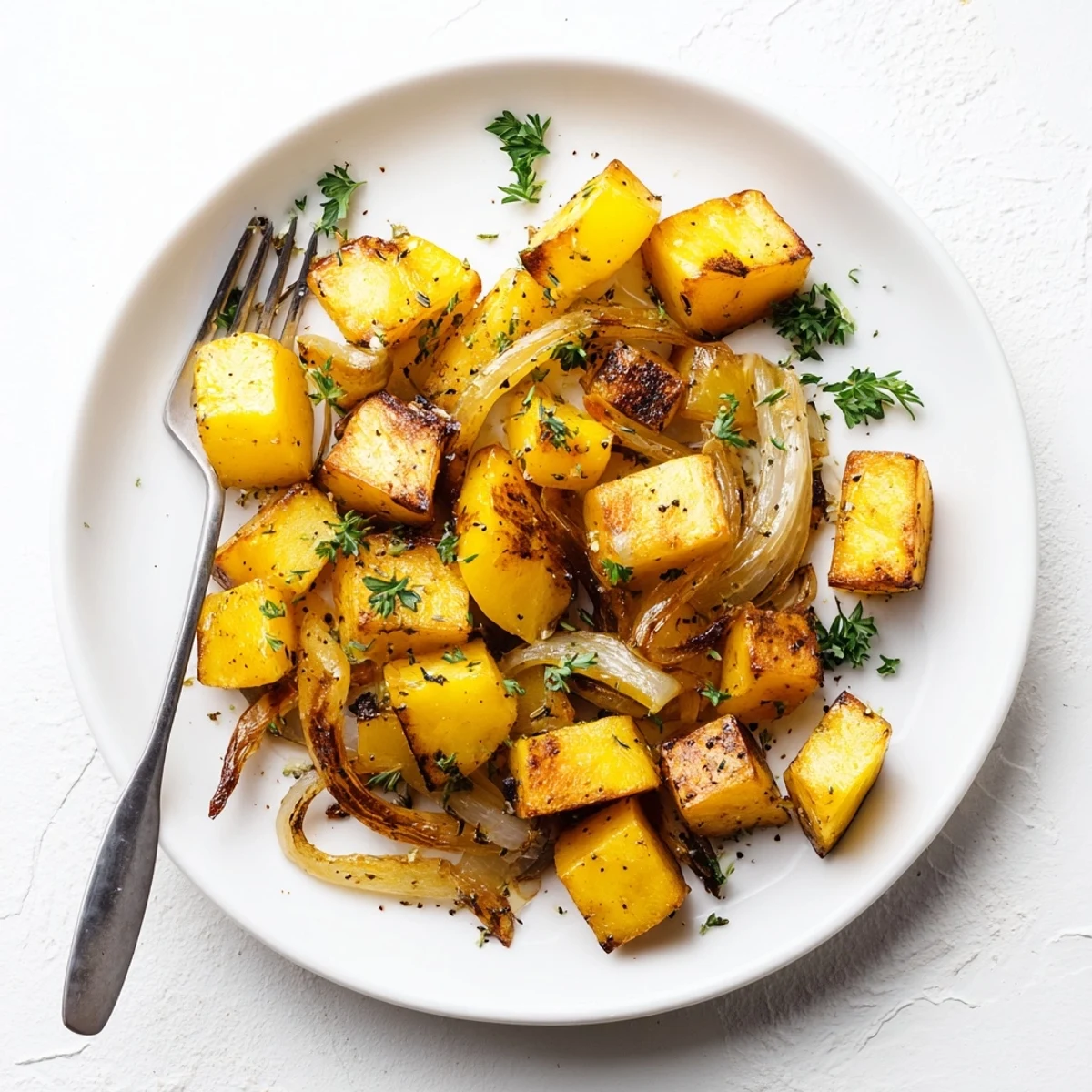Perfect roasted potatoes and onions showcasing golden brown edges and tender textures on dark parchment paper