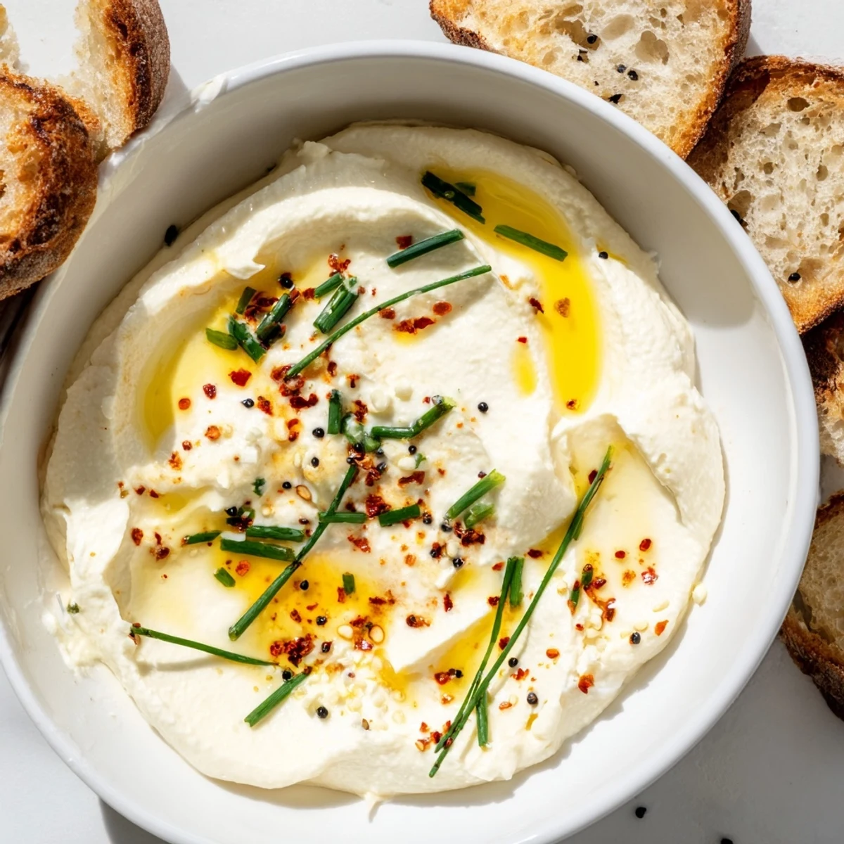 Creamy whipped feta with hot honey drizzled over a rustic serving bowl