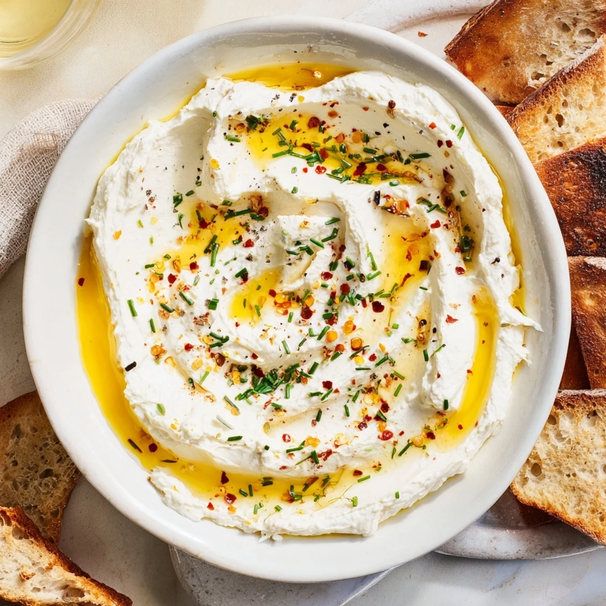 Golden hot honey topping this smooth Mediterranean whipped feta appetizer with fresh herbs