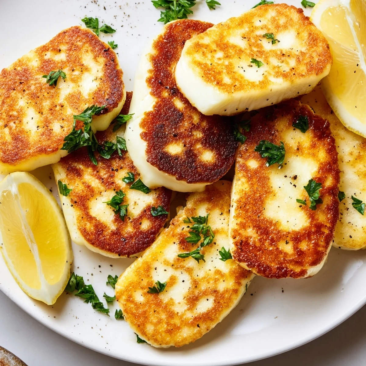 Golden pan fried halloumi cheese sizzling in a skillet with fresh lemon wedges