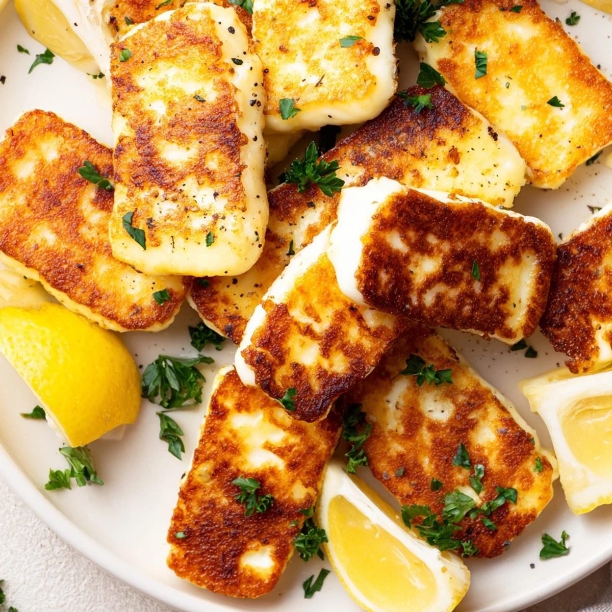 Savory pan fried halloumi recipe featuring golden cheese with lemon and herbs for appetizer