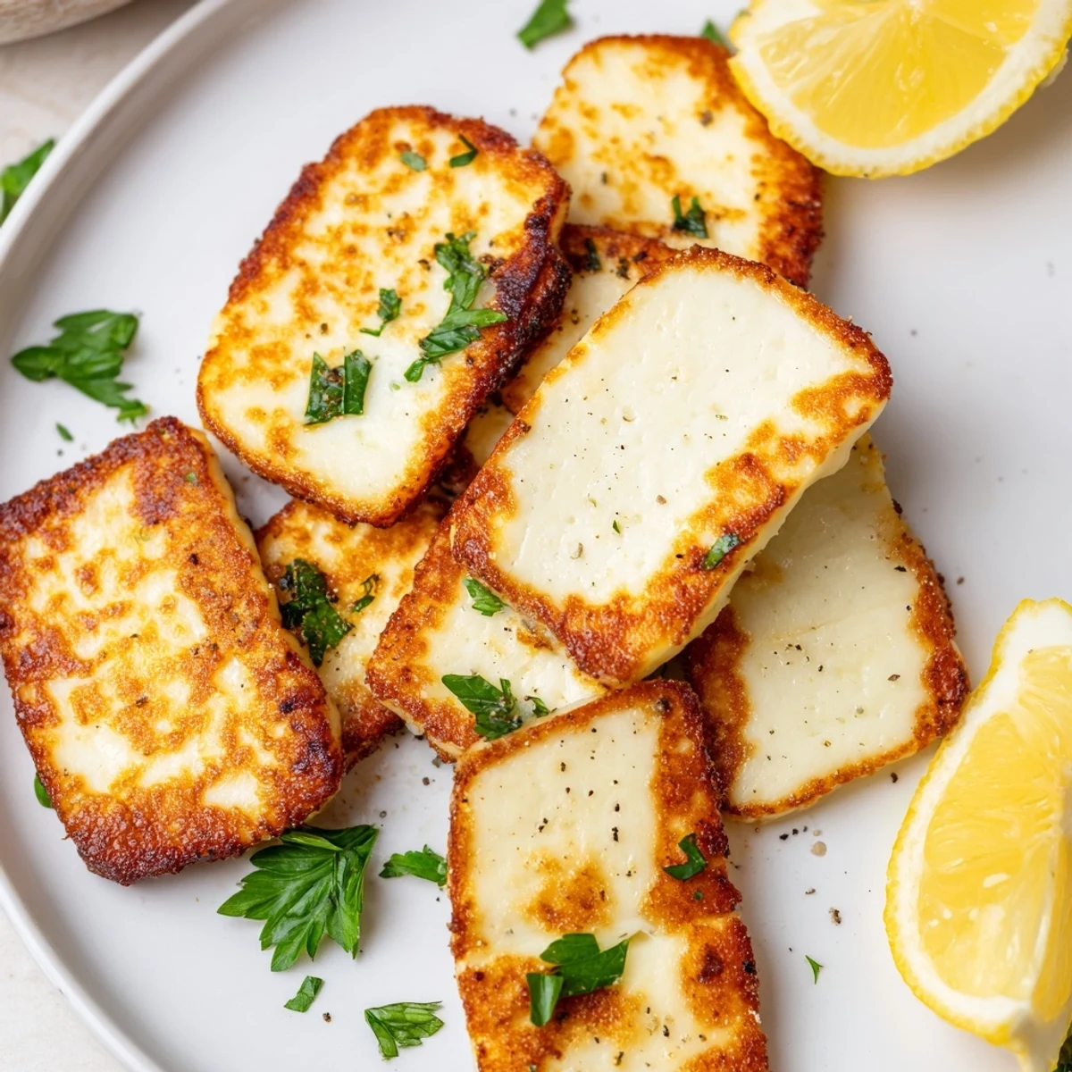 Crispy Mediterranean halloumi slices sprinkled with parsley and black pepper on a white plate