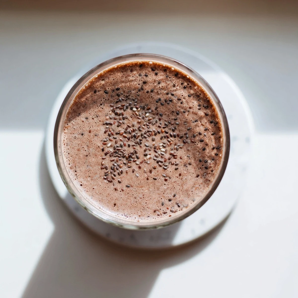 Creamy raw chocolate banana shake poured into tall glasses with frothy, rich brown texture and maple sweetness