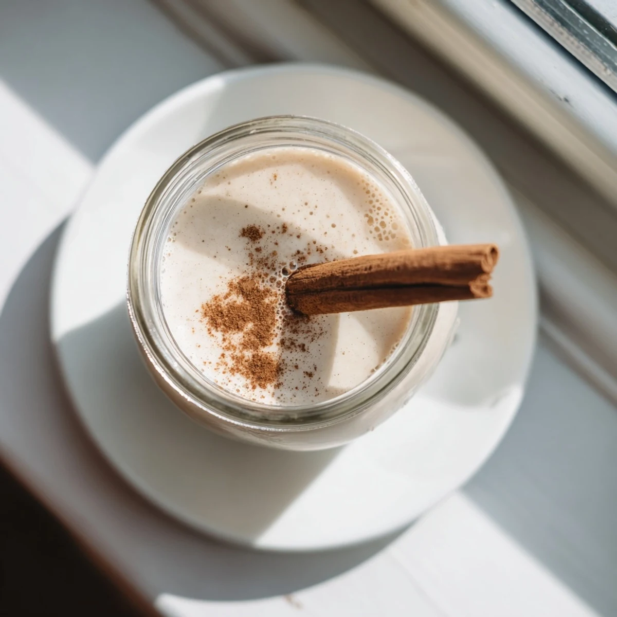 Glass jar of fresh homemade almond milk with raw almonds on wooden surface