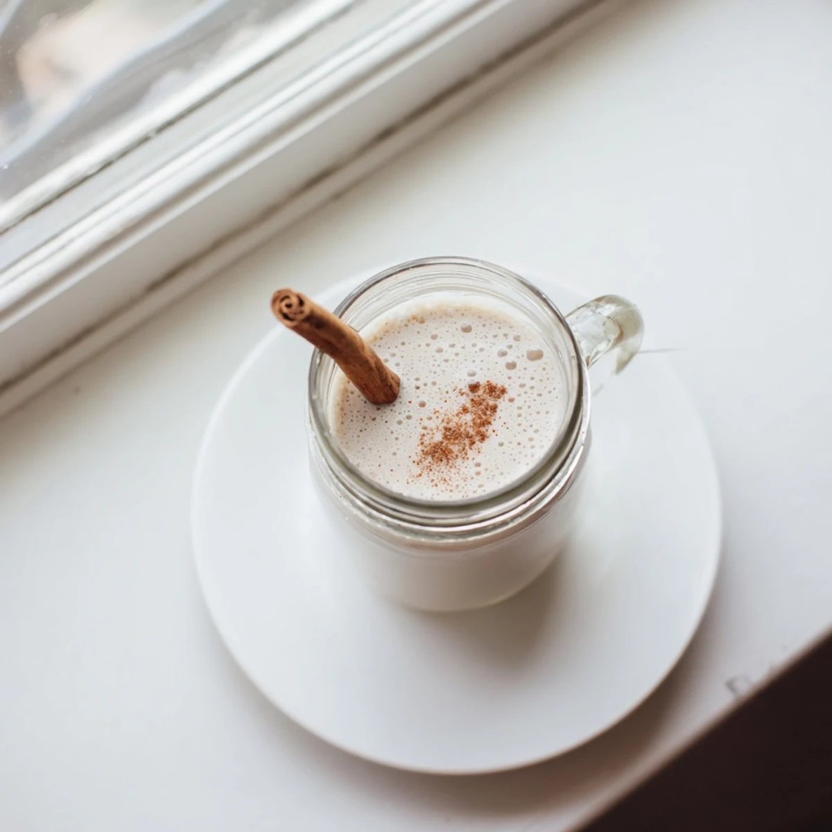 Close-up of smooth dairy-free almond milk in glass pitcher with scattered almonds