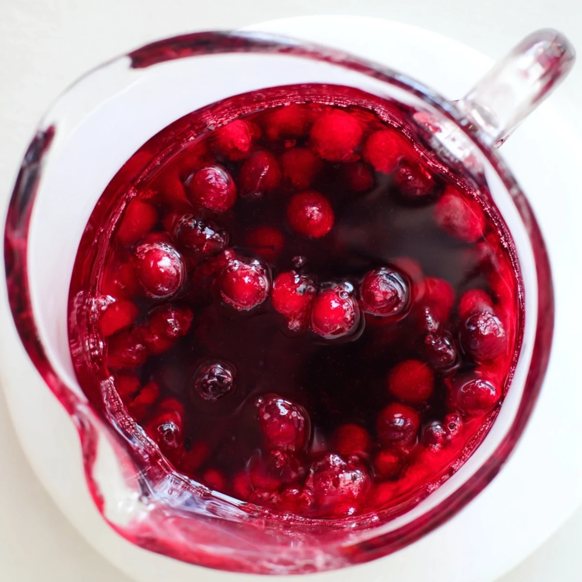 Homemade cranberry syrup drizzled over fluffy pancakes with fresh cranberries on the side