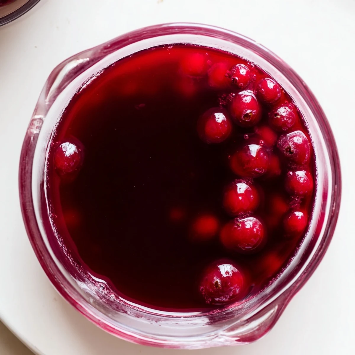 Thick tangy cranberry syrup pouring from spoon onto white yogurt with orange zest garnish