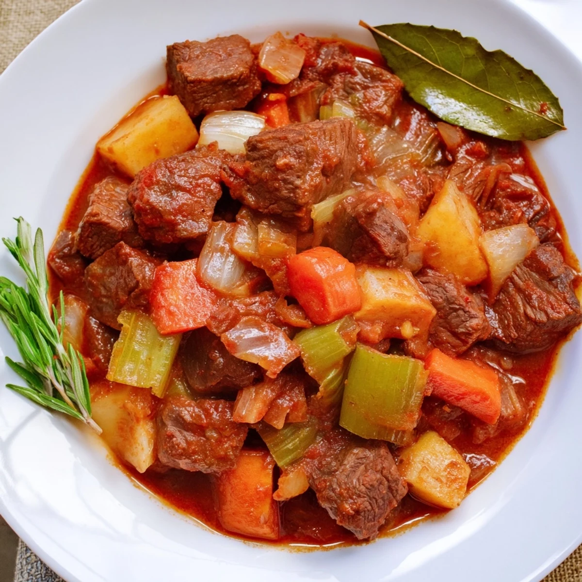Hearty spezzatino di manzo Italian beef stew served in a rustic bowl with chunky potatoes and carrots