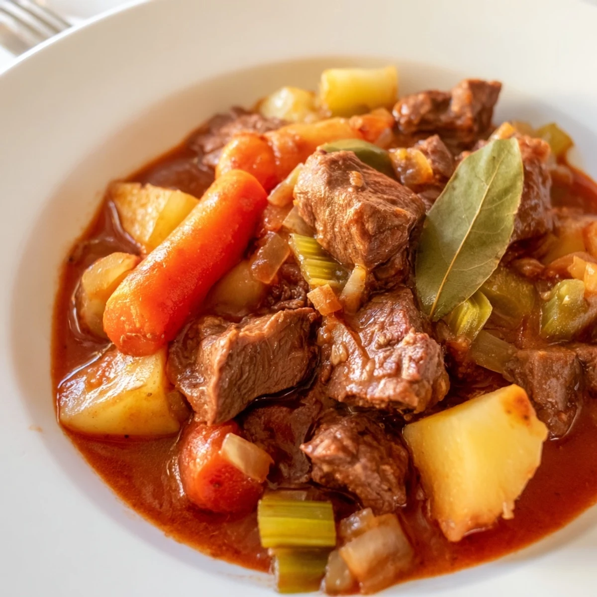 Rich Italian beef stew spezzatino with tender beef cubes and vegetables in a savory red wine sauce
