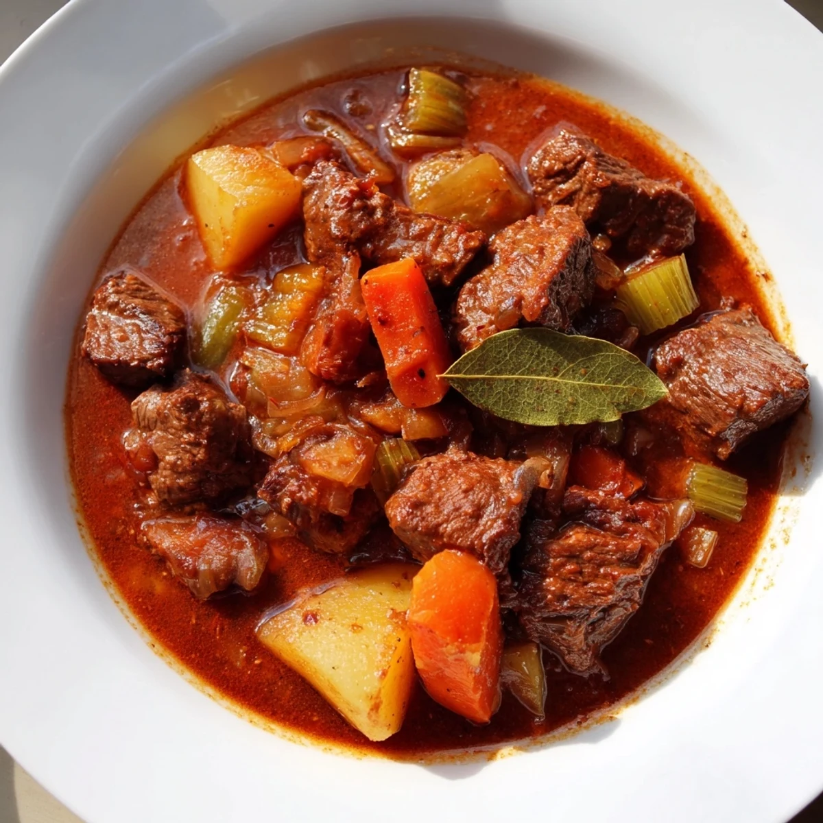 Slow-braised Italian beef stew spezzatino featuring melt-in-your-mouth beef and aromatic herbs in a thick glossy sauce